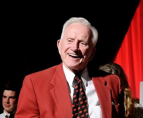 STAFF PHOTO BEN GOFF  @NWABenGoff -- 06/07/14  Frank Broyles smiles after calling the hogs to close the evening during the 'Coach's Quarter: A Celebration of Coach Broyles' Life and Career' banquet at the John Q Hammons Center in Rogers on Saturday June 7, 2014. 
