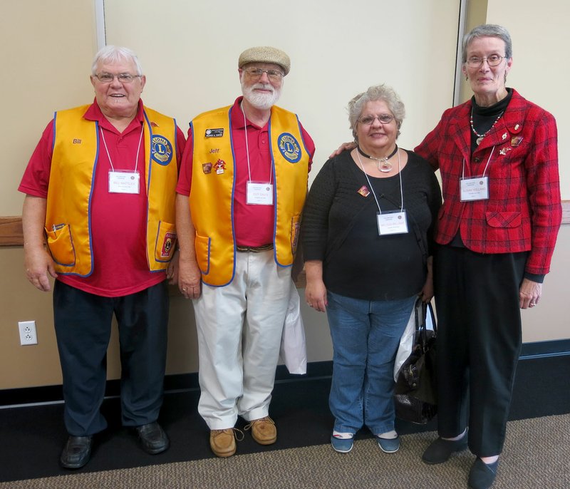 Submitted Photo Four members of the Gravette Lions Club attended the 98th Arkansas Lions state convention Saturday, April 30, on the campus of the University of the Ozarks in Clarksville. Pictured here following the noon luncheon in the Rogers Conference Center are zone chairperson Bill Mattler of Hiwasse (left), Gravette Lions president Jeff Davis, member Melissa Williams and vice-president Susan Holland.