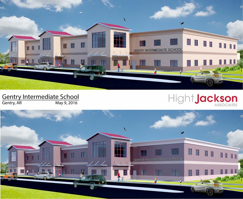 Submitted by Hight Jackson Associates Above are two conceptual drawings prepared by Hight Jackson and Associates of a new two-story intermediate school to be built on the site of the south portion of the existing Gentry Intermediate School campus. Conceptual plans are available on the school district&#8217;s website.