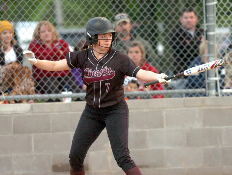 MIKE CAPSHAW DEMOCRAT GAZETTE
Senior Ashtyn Rothrock went 3 for 4 with 3 RBIs during the Lincoln's 8-3 win against Prairie Grove in the 4A-1 Conference Championship game in Gentry on Monday, May 2. Rothrock and the Lady Wolves, the top seed from the 4A-1, open today's 4A North Regional Tournament in Prairie Grove against Clinton (4th-4A-4) at 10 a.m.