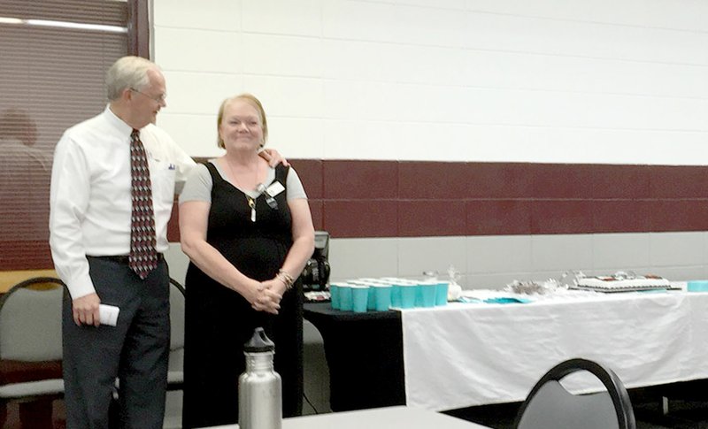 Photo submitted Superintendent Ken Ramey thanked Special Education Director Doris Henderson for her 34 years of service to the school district during a retirement celebration, held before Thursday&#8217;s school board meeting.