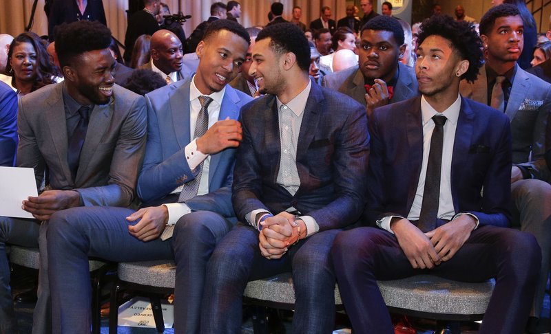 From left, NBA draft prospects Jaylen Brown, Skal Labissiere, Jamal Murray and Brandon Ingram talk before the start of the NBA basketball draft lottery, Tuesday, May 17, 2016, in New York. 