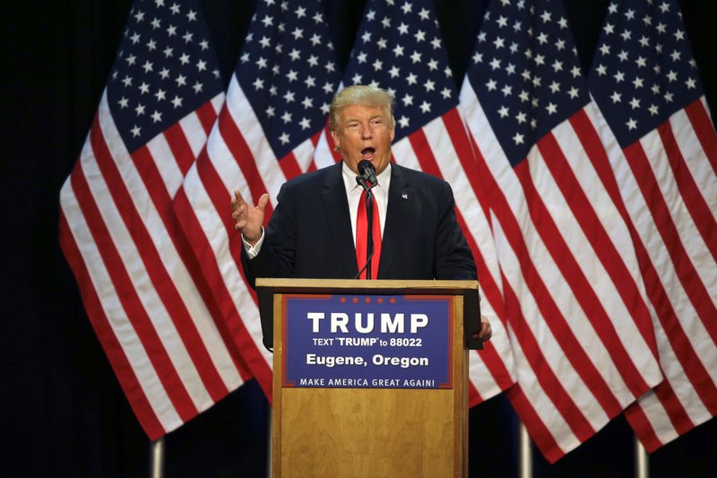 FILE - In this May 6, 2016 file photo, Republican presidential candidate Donald Trump speaks during a rally in Eugene, Ore. (AP Photo/Ted S. Warren, File)