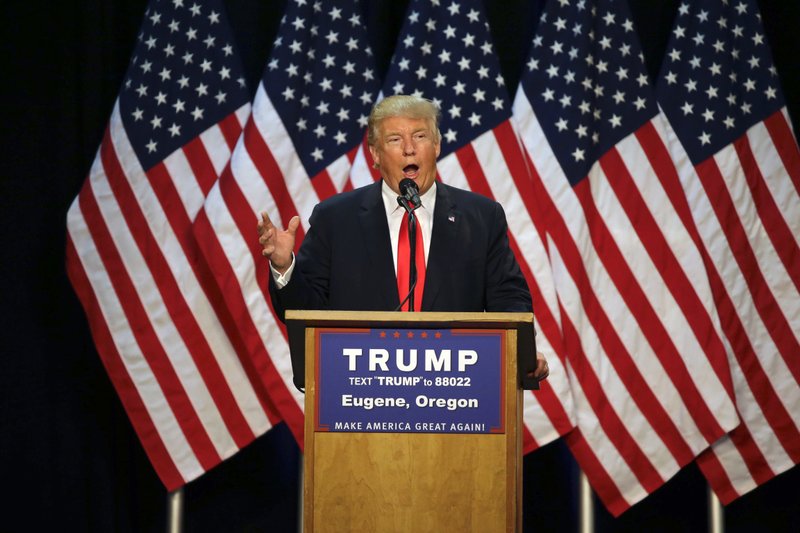 FILE - In this May 6, 2016 file photo, Republican presidential candidate Donald Trump speaks during a rally in Eugene, Ore. Democratic presidential front-runner Hillary Clinton sought to avoid primary losses in Kentucky and Oregon on Tuesday, aiming to blunt the momentum of challenger Bernie Sanders ahead of a likely general election matchup against Republican Donald Trump. (AP Photo/Ted S. Warren, File)
