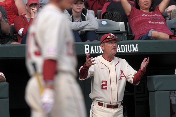 Arkansas coach Dave Van Horn reacts to a call during a game against Eastern Illinois on Sunday, March 6, 2016, at Baum Stadium in Fayetteville. 