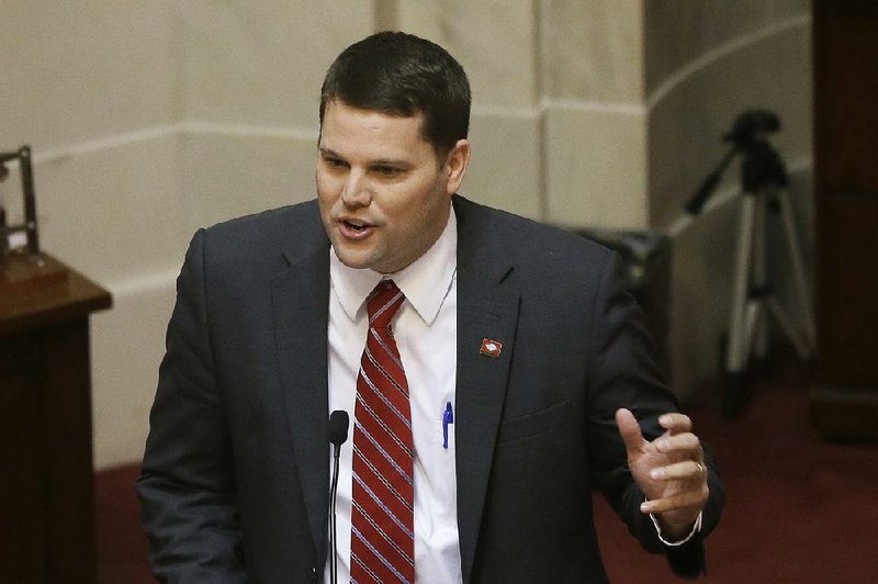 Sen. Bart Hester, R-Cave Springs, presents a House bill in the Senate chamber at the Arkansas state Capitol in Little Rock, Ark., Monday, Feb. 25, 2013.