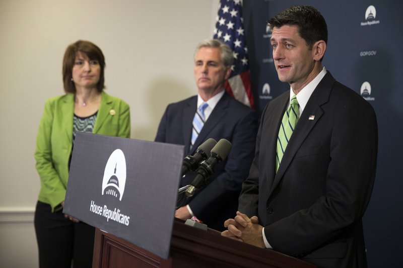 House Speaker Paul Ryan of Wis. speaks during a news conference on Capitol Hill in Washington, Tuesday, May 17, 2016, following a House Republican caucus meeting. From left are, Rep. Cathy McMorris Rodgers, House Majority Leader Kevin McCarthy of Calif., and Ryan. 