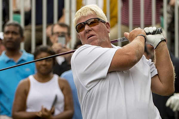 John Daly tees off during the pro-am of the Regions Tradition golf tournament, Wednesday, May 18, 2016, in Hoover, Ala. (Vasha Hunt/AL.com via AP)