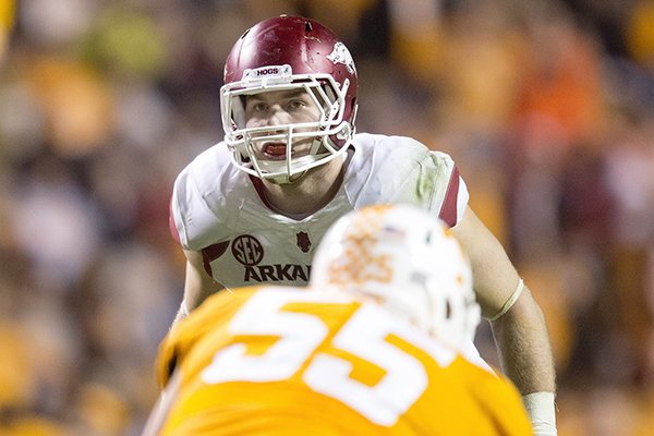 Arkansas linebacker Brooks Ellis awaits a snap during a game against Tennessee on Saturday, Oct. 3, 2015, at Neyland Stadium in Knoxville, Tenn. 