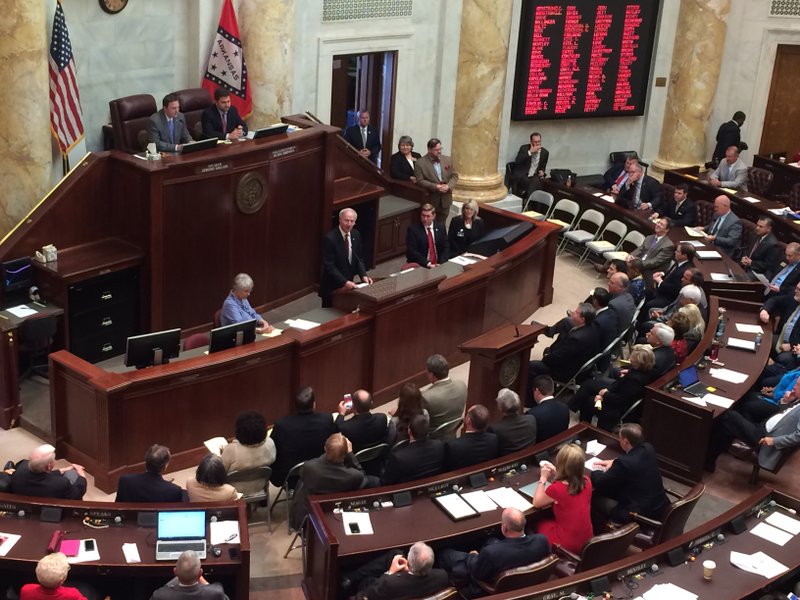 Gov. Asa Hutchinson addresses a special session of the Legislature on Thursday, May 19, 2016. 