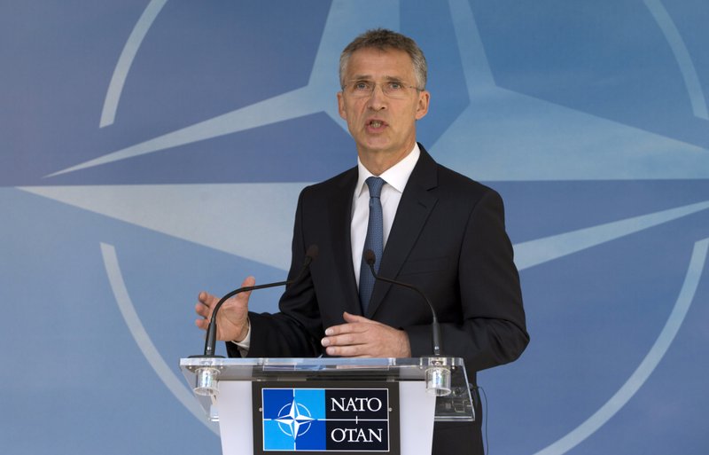 NATO Secretary General Jens Stoltenberg speaks during a media conference at NATO headquarters in Brussels on Thursday, May 19, 2016. NATO foreign ministers this week will discuss how the alliance can deal more effectively with security threats outside Europe, including by training the Iraqi military and cooperating with the European Union to choke off people-smuggling operations in the central Mediterranean. (AP Photo/Virginia Mayo)