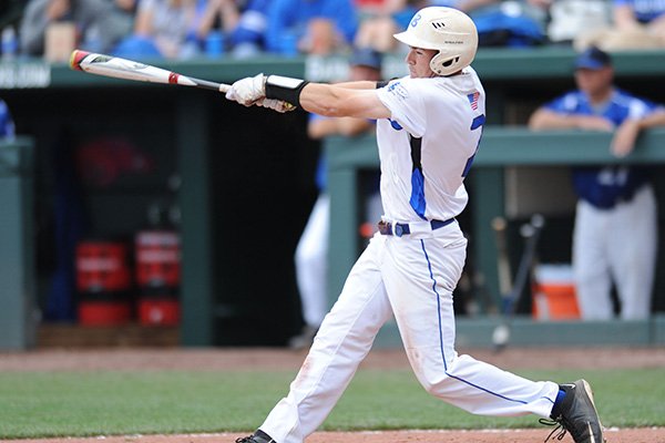 Bryant left fielder Evan Lee connects for a two-run home run against Conway Friday, May 20, 2016, during the Class 7A state championship game at Baum Stadium in Fayetteville.