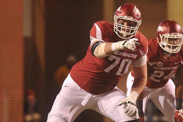 Arkansas offensive lineman Dan Skipper lines up for a play during a game against Mississippi State on Saturday, Nov. 21, 2015, at Razorback Stadium in Fayetteville. 
