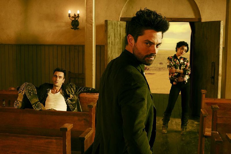 AMC’s Preacher stars (from left) Joseph Gilgun as Cassidy, Dominic Cooper as Jesse Custer, and Ruth Negga as Tulip O’Hare. The series debuts at 9 p.m. today.

