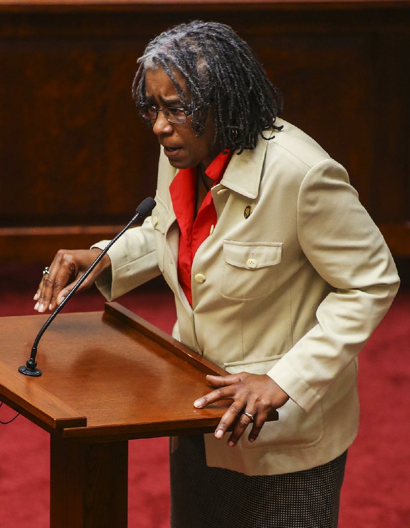 Sen. Stephanie Flowers, D-Pine Bluff, argues against passage of Senate Bill 5, which deals with earthquake design requirements, on the Senate floor on Friday. 