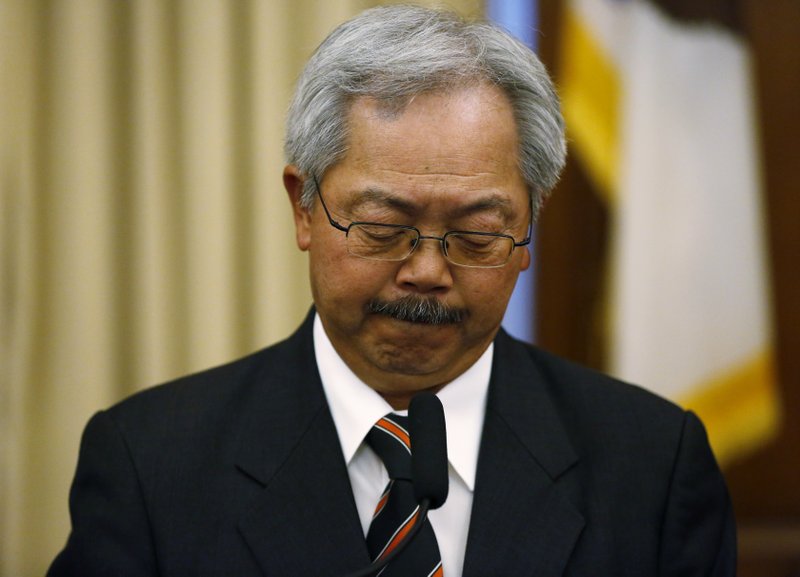 San Francisco Mayor Ed Lee pauses while announcing the resignation of Chief of Police Greg Suhr during a press conference at City Hall in San Francisco, on Thursday, May 19, 2016. 