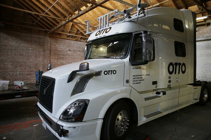 An Otto driverless truck parked at a San Francisco garage in mid-May. 
