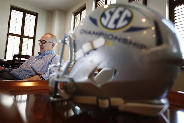 Southeastern Conference commissioner, Greg Sankey, speaks during an interview with The Associated Press, Monday, May 23, 2016, in Birmingham, Ala. (AP Photo/Brynn Anderson)
