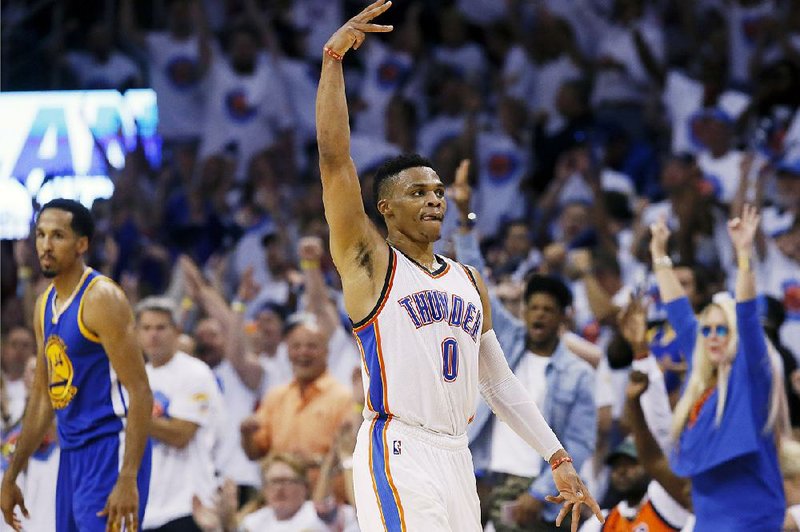 Oklahoma City Thunder guard Russell Westbrook celebrates during the Thunder’s victory over the Golden State Warriors in Game 4 of the NBA Western Conference final on Tuesday night.
