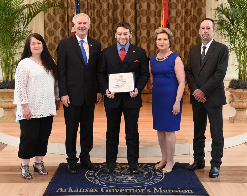 Submitted Photo Kaven Flesner, Gentry senior, was honored by Governor Asa Hutchinson and First Lady Susan Hutchinson on April 30, at the Governor&#8217;s Mansion in Little Rock. Kaven&#8217;s parents, Theresa and Kray Flesner, accompanied him to the honors day.