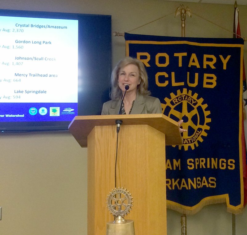 Photo submitted Dr. Delia Haak, Federal Chairman of the Arkansas/Oklahoma River Compact Commission, spoke to the Siloam Springs Rotary Club on May 17 about the Illinois River Watershed and management practices that will continue to improve the water quality. The Illinois River Watershed, is a defined area that spans into Benton, Washington, and Crawford counties in Arkansas, and includes Delaware, Adair, Cherokee and Sequoyah counties in Oklahoma. An interesting fact Haak conveyed was the headwaters of the Illinois River actually starts near Hogeye, Ark., as an underground spring and travels north before bending back west and southwest into Oklahoma. Planting trees, creating riparian buffer zones, adding rain gardens, and being judicious with lawn and agricultural minerals and utilizing more porous materials for parking and other hard surfaces are all ways in which we can do our part to maintain and improve the water quality downstream. The Rotary Club meets from 11:30 a.m. to 1 p.m. each Tuesday in the Dye Conference Room at John Brown University.