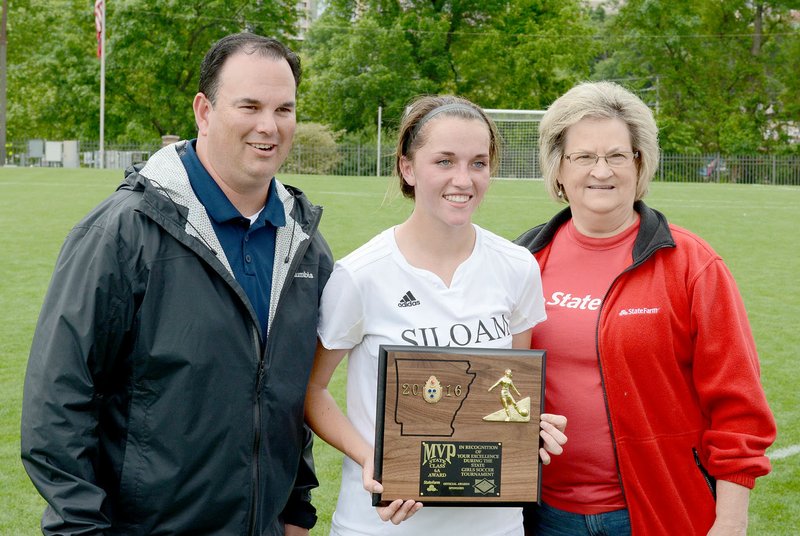 Bud Sullins/Special to the Herald-Leader Siloam Springs sophomore Audrey Maxwell, middle, was named the Most Valuable Player of the Class 6A state championship game. Maxwell&#8217;s goal was the only goal of the game for the Lady Panthers, who defeated Russellville 1-0 in the Class 6A state championship game on Friday.