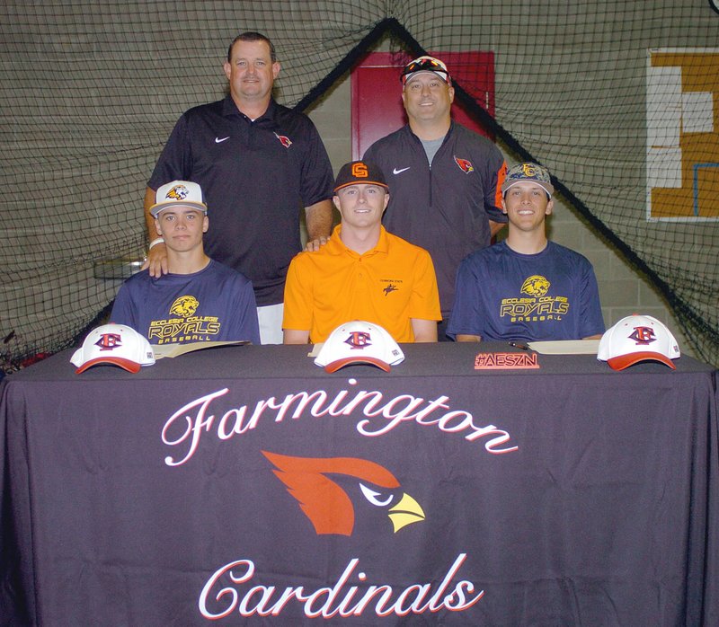 MIKE CAPSHAW ENTERPRISE-LEADER Farmington baseball hosted a signing ceremony at the indoor facility on May 19. Seated, from left, are shortstop Blake Madewell (Eccelsia College), catcher Caleb Reagan (Connors State) and first baseman Drew Vinson (Ecclesia College). Standing, from left, are coach Jay Harper and assistant Clint Scrivner.