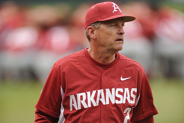 Arkansas coach Dave Van Horn walks back to the dugout against Gonzaga Wednesday, March 9, 2016, before the start of the game at Baum Stadium in Fayetteville.
