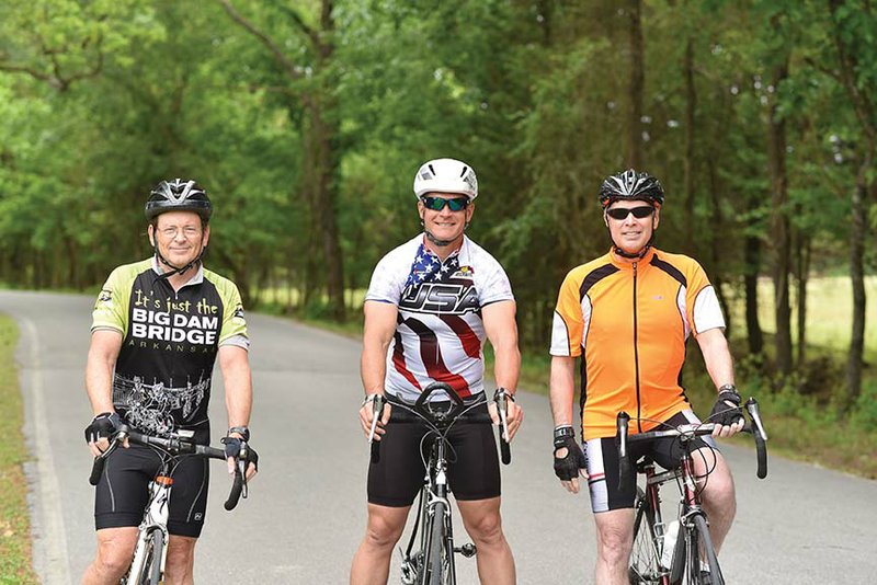 From left, Stan Carter, Jubilee Family Church Senior Minister Tony Hammack and Independence County District Judge Chaney Taylor pose in their cycling gear. The eighth annual ALL RISE Century Bike Ride will take place Saturday to support the county’s DWI Court Program. 