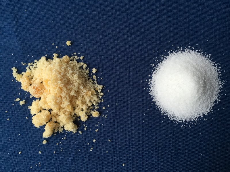 Toasted Sugar: On the left, sugar that was slowly caramelized in a 300-degree oven for 3 1/2 hours. On the right, regular granulated sugar.
