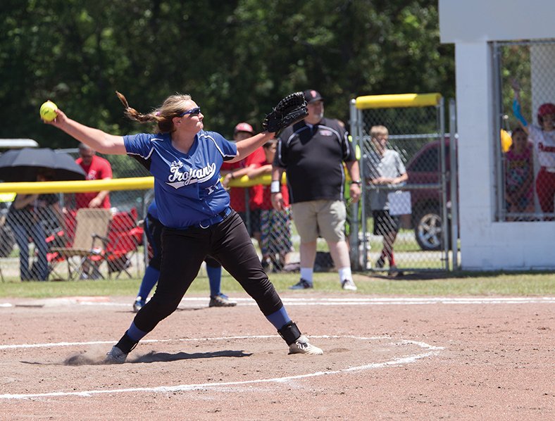 Faith Lightsy/News-Times Parkers Chapel's Courtney Phelps is in the process of delivering a pitch during a recent 2A State Softball Tournament game against Pangburn. Phelps is one of three local players who were named to the Arkansas Activities Association Softball All-State team.