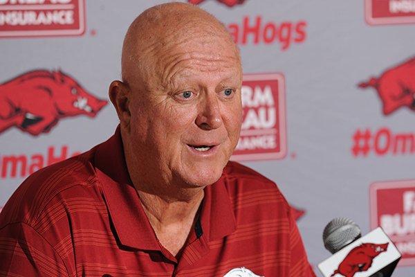 Longtime Arkansas pitching coach Dave Jorn speaks Wednesday May 25, 2016, about his departure from the program during a press conference at Baum Stadium in Fayetteville.