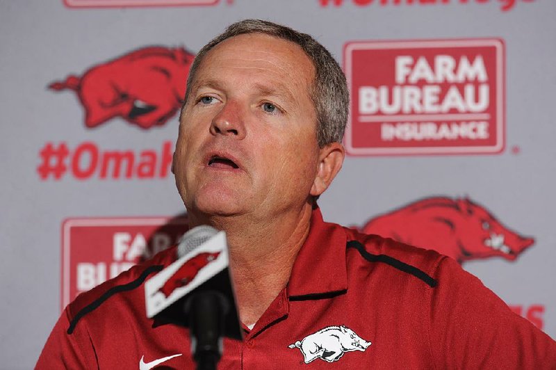 NWA Democrat-Gazette/ANDY SHUPE
Arkansas coach Dave Van Horn speaks Wednesday May 25, 2016, during a press conference at Baum Stadium in Fayetteville.