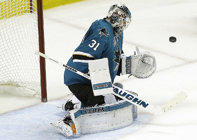 San Jose goalie Martin Jones deflects a shot by St. Louis in the second period of the Sharks’ 5-2 victory, giving them their first trip to the Stanley Cup final, against either Tampa Bay or Pittsburgh.