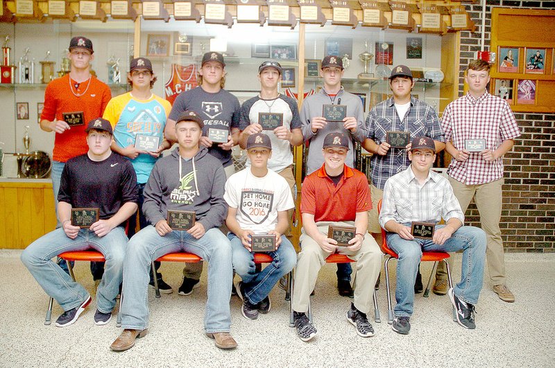 Awards were presented to members of the 2016 McDonald County High School baseball team at a banquet held May 20 at MCHS. Front row, left to right: Seth Shockley, four-year commitment; Jarrett Sanny, four-year commitment; Boston Dowd, newcomer of the year; Emitt Dalton, four-year commitment and highest batting average; and Ty Shaver, newcomer of the year. Back row: Tyler Sellers, most improved; Mason Hendrix, four-year commitment; Jaime Hanke, big stick, most strikeouts and lowest e.r.a.; Donovan Taylor, four-year commitment; Dagan Stites, four-year commitment; and Brock Burnett, four-year commitment.