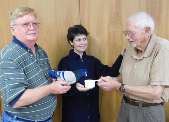 Submitted photo FUNNY STUFF:Cast members, from left, Bill Jervis, Sissy Trabaunt and Frank Nilson rehearse their pigeon scene from the Hot Springs Village Players' next production, "Bunkered." Tickets are now on sale.