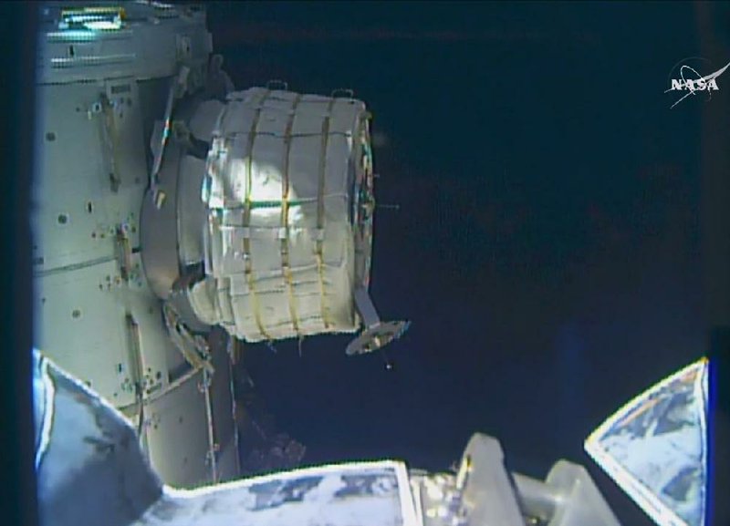 A new experimental module is shown only partially inflated Thursday on the space station in this image taken from NASA TV. 