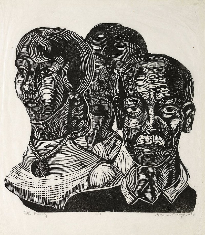 Margaret Burroughs’ 1964 linocut, The Family, was part of an art collection found in a storage unit in Pine Bluff in 1982. It hangs as part of “Here. African American Art From the Permanent Collection” at the Arts and Science Center for Southeast Arkansas in Pine Bluff. 