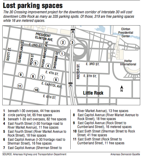 Map showing the parking spaces that will be lost during The 30 Crossing improvement project.