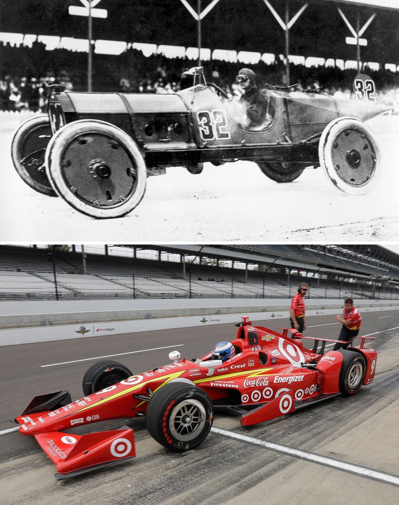  At top, in a May 30, 1911, file photo, Ray Harroun drives his No. 32 Marmon Wasp at Indianapolis Motor Speedway. At bottom, in a May 16, 2016, file photo, Scott Dixon pulls out of the pits during practice at the speedway. Harroun never could have envisioned the speed, science and styling behind the cars on the starting grid for the 100th Indy 500, not when he was piloting the Marmon Wasp to victory in the inaugural race. 