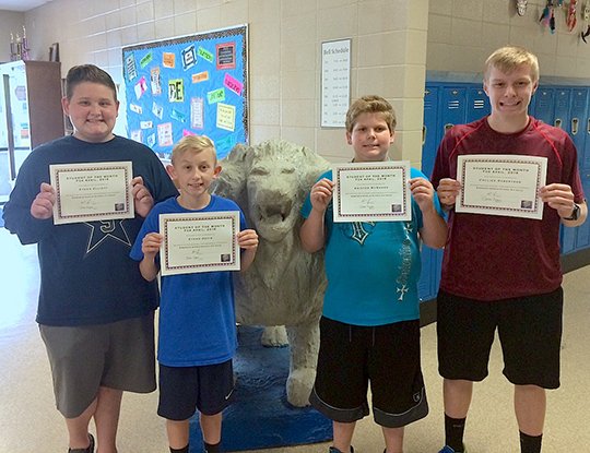 Submitted photo Principal Mike Spraggins has announced the Bismarck Middle School April Students of the Month. Honorees, from left, were Ethan Elliott, seventh grade; Ethan Davis, sixth grade; Kriston McNanna, fifth grade; and Collier Robertson, eighth grade. The honor is based on outstanding or improved performance in academics and citizenship in the classroom, around campus and at school events. The honorees receive a letter of commendation from the principal and certificate of achievement.