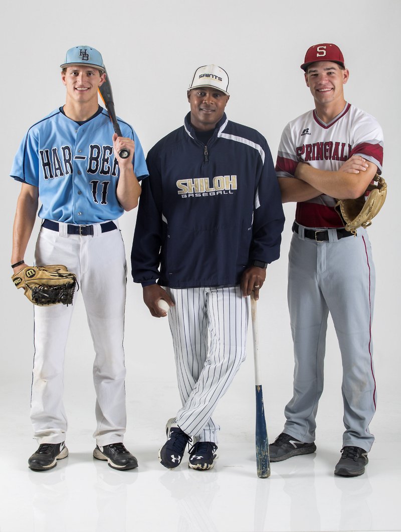 Springdale Har-Ber’s Brady Patrick (from left) (player of the year), Shiloh Christian’s Moe Henry (coach of the year) and Springdale High’s Andrew Roach (newcomer of the year).