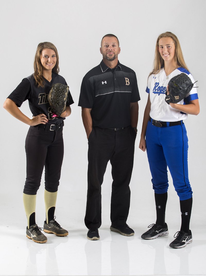 Bentonville’s Maddy Prough (from left) (player of the year), Bentonville’s Kent Early (coach of the year) and Rogers High’s Alex McManus (newcomer of the year).