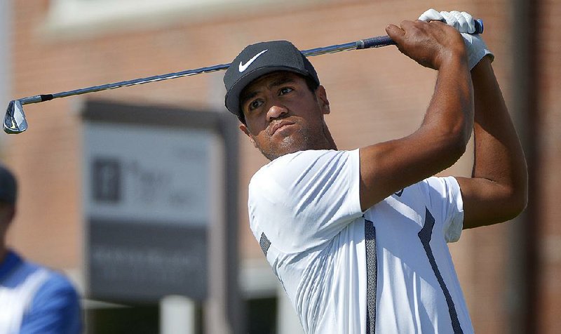 Tony Finau tees off on 17 during the second day of the Dean & DeLuca Invitational golf tournament at the Colonial Country Club, Friday, May 27, 2016, in Fort Worth, Texas. 