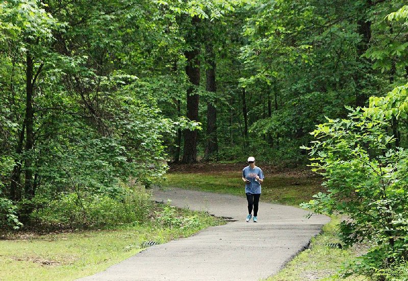 A jogger enjoys the solitude of the wooded portion of Mills Park.
