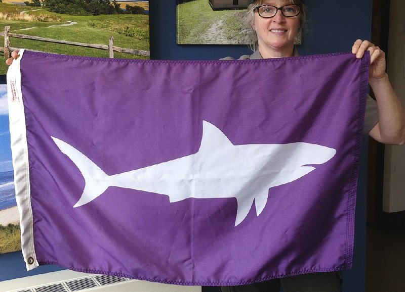 Leslie Reynolds, chief ranger at Cape Cod National Seashore, displays a shark-alert flag last week at the National Park Service’s offices in Wellfleet, Mass.