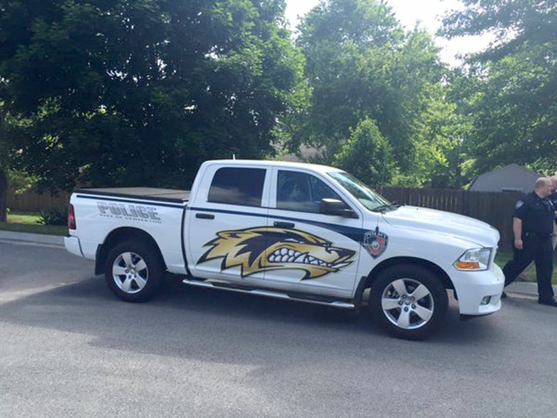 This Centerton Police Department pickup, emblazoned with Bentonville West High School's wolverine logo, will serve as the student resource officer's vehicle at the school.