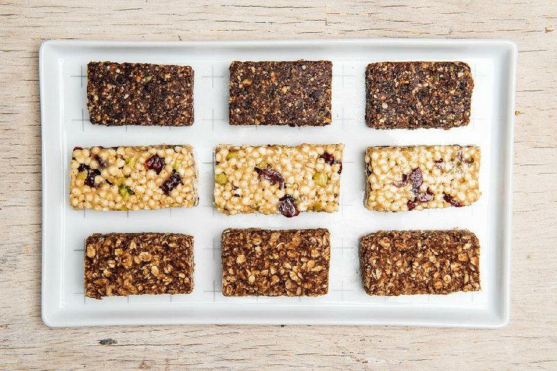 Peanut Snack Bars (top); Chewy Cranberry, Millet and Pistachio Bars (center); and Banana Breakfast Bars (bottom) are easy to make at home and more nutritious than the store-bought variety. 