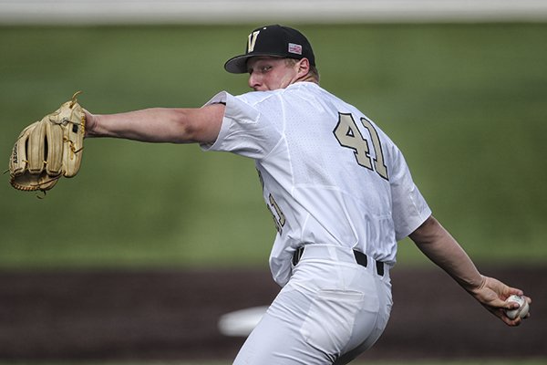 In this May 10, 2016 photo provided by Vanderbilt University, freshman pitcher Donny Everett throws against Louisville in an NCAA college baseball game in Nashville, Tenn. Officials report Everett drowned Thursday, June 2, while fishing in Tennessee. He was 19. (John Russell/Vanderbilt University via AP)