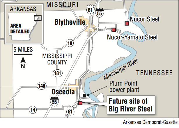 A map showing the future site of Big River Steel.